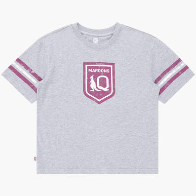 QLD Maroons Women's Grey Stripe Crest Tee