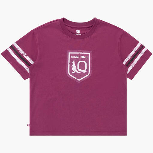 QLD Maroons Women's Maroon Stripe Crest Tee0